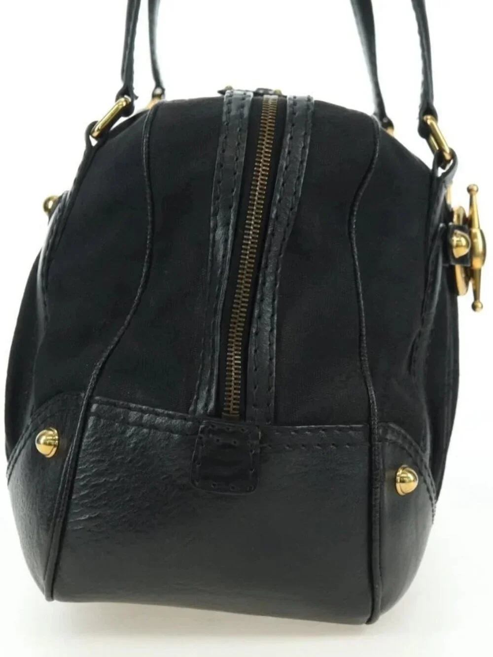 GUCCI GG Canvas Hand Bag Black Gold 211967 Auth